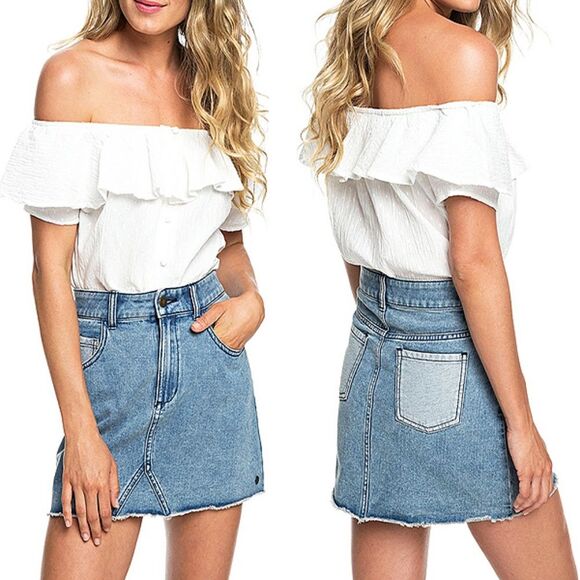 Roxy Women’s Java To Lombok Blue Denim Jean Fringe Hem Mini Skirt Size Medium