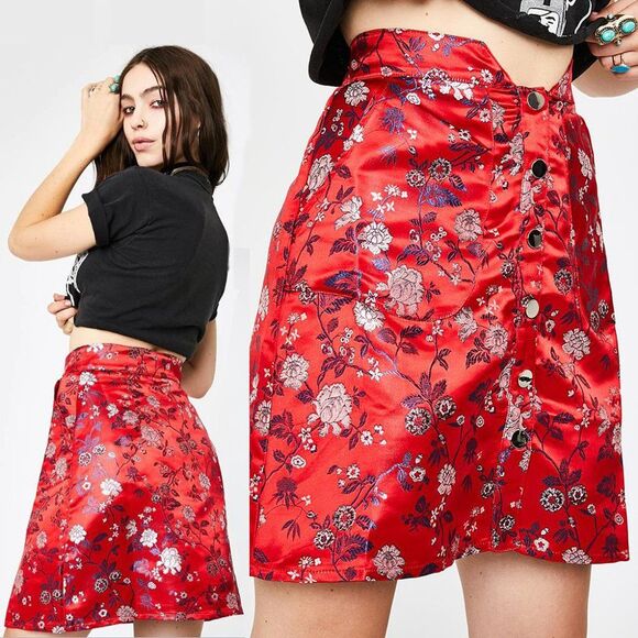 Seven Wonders China Doll Red Floral Satin High Waist Mini Skirt Women’s Size 4