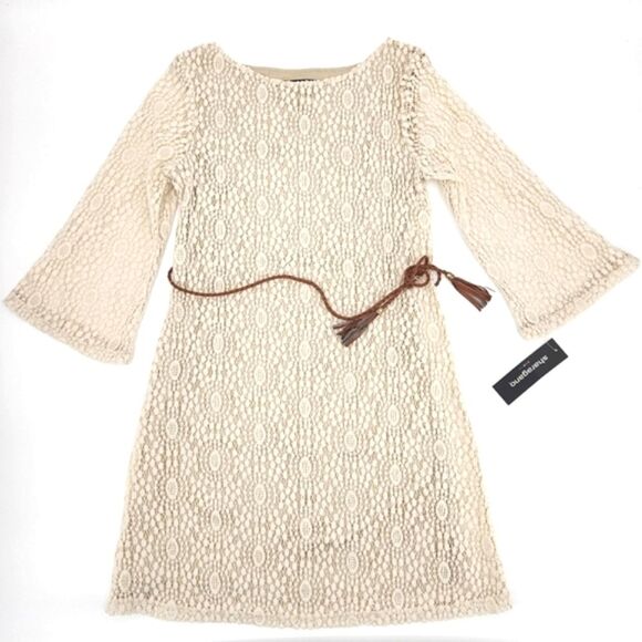 Sharagano Bell Sleeve Tassel Belted Crochet Dress Bone White Womens Size 4