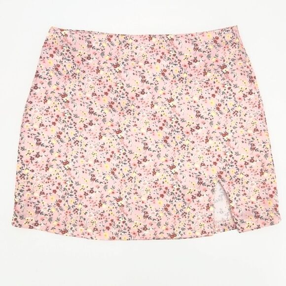 Shein Ditsy Floral Pink Satin Slit Detail Mini Skirt Womens Size Large