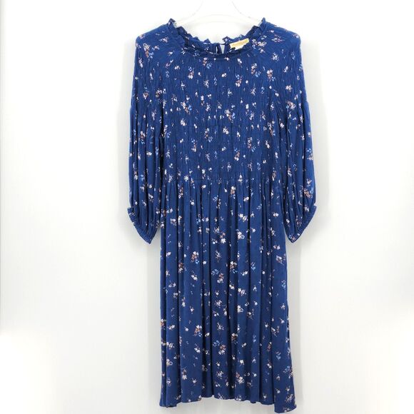 Sweet Magnolia Midi Dress Size Large Blue Floral Smocked Cottagecore Prairie