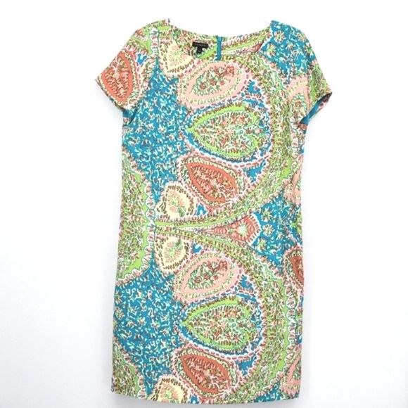 Talbots Silk Paisley Print Cap Sleeve Shift Dress Womens Size 14 Pink Green Blue