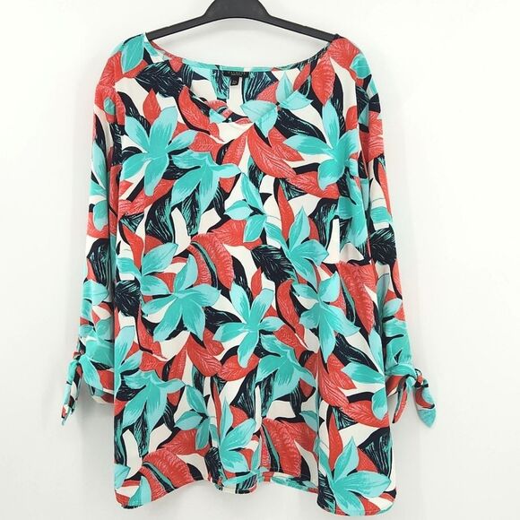 Talbots V Neck Top Blouse Women Size 2XP Tie Sleeve Tropical Floral Office Work