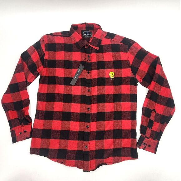 Test of Time Drip Emoji Red Flannel Long Sleeve Distressed Button Up Shirt Large