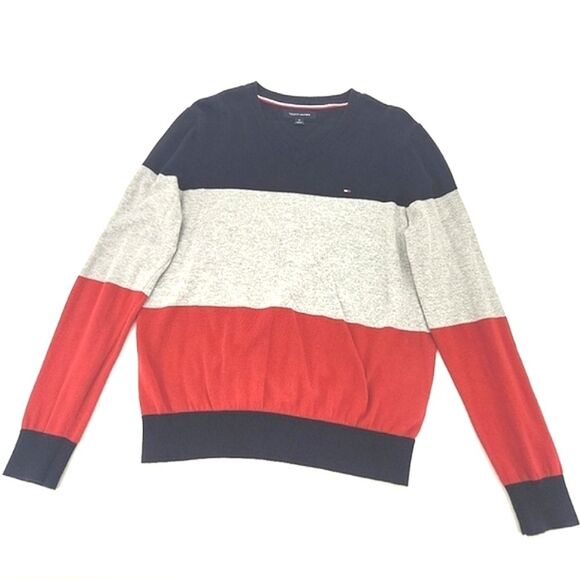 Tommy Hilfiger Logo Sweater Mens Size Medium Colorblock V Neck 90s Retro Preppy