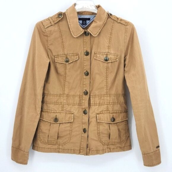 Tommy Hilfiger Military Jacket Shacket Womens Small Brown Weathered Distressed