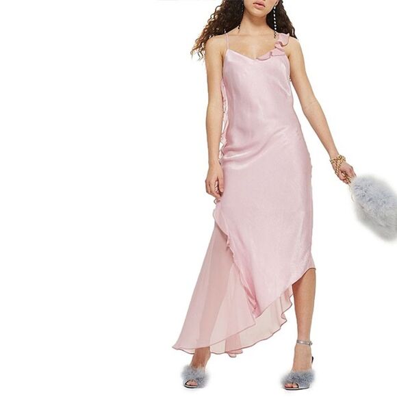 Topshop Asymmetrical Frill Maxi  Slip  Dress Pastel Pink Size 6