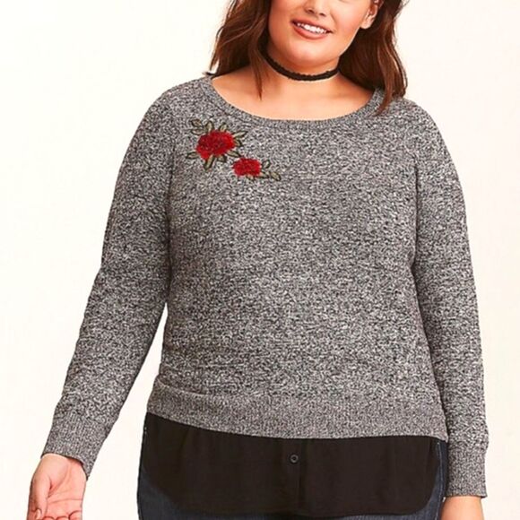 Torrid Black & White Marled Embroidered Scoop Neck Sweater Women’s Plus Size 2