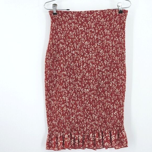 Trixxi Midi Skirt Womens Size Large Ruffled Hem Wine Burgundy Red Ditsy Floral