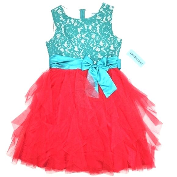 Tween Diva Sleeveless Teal Lace & Hot Pink Waterfall Ruffle Party Dress Girl 16