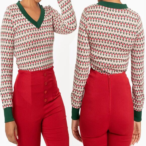 Unique Vintage Beige, Red & Green Tulip Sterling Sweater Womens Size Medium