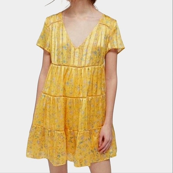 Urban Outfitters Pippa Babydoll Dress Size XS Yellow Floral Tiered Fairy Y2K
