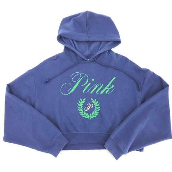 Victorias Secret Pink Everyday Cropped Hoodie Sweatshirt Womens Size Large Blue