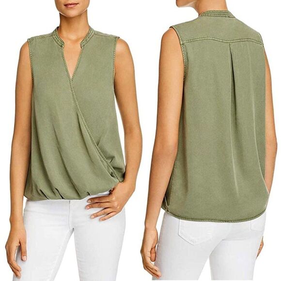 Vince Camuto Green Sleeveless Faux Wrap Twill Top Size Small