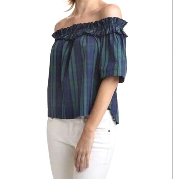 Vineyard Vines Blackwatch Off The Shoulder Poplin Top Shirt XXS Green Blue Black