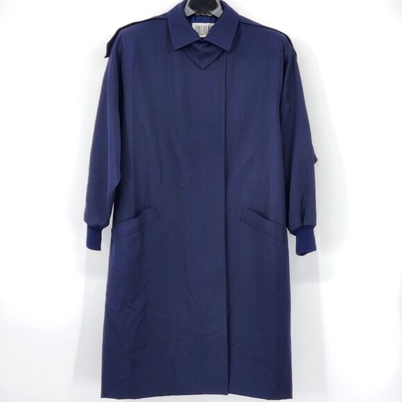 Vintage Bill Blass Trenchcoat Womens Size Navy Blue Wool Gaberdine Full Length