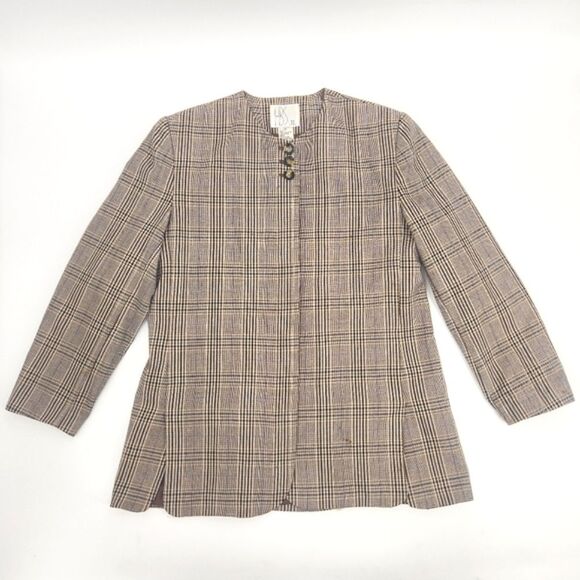 Vintage HBS Ltd Blazer Suit Jacket Women’s 14 Brown Black Plaid Scalloped Hem