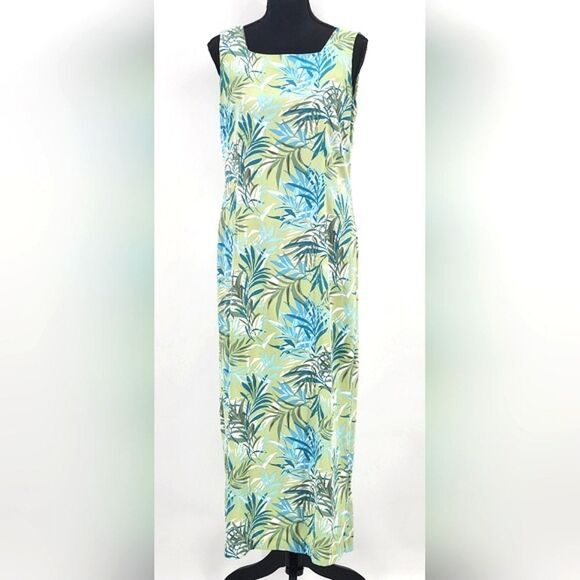 Vintage Old Navy Collection Maxi Dress Size 8 Blue Green Palm Print Sleeveless