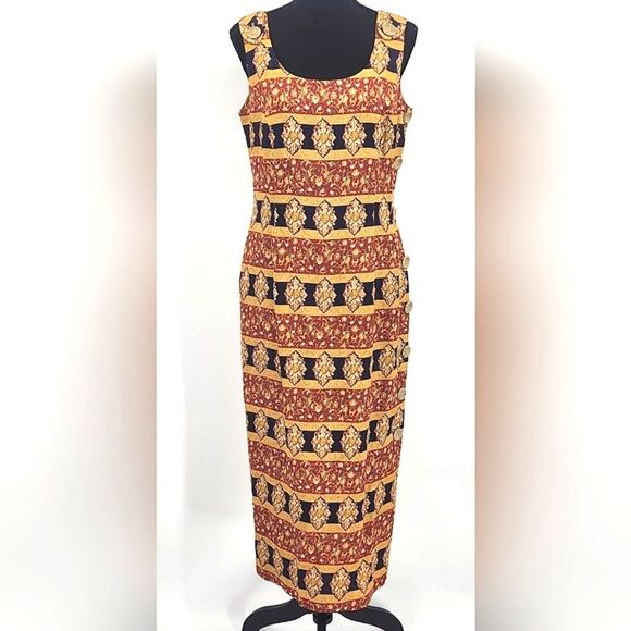 Vintage Santa Fe by Jim Tremblay Midi Dress Size 10 Sleeveless Medallions Gold