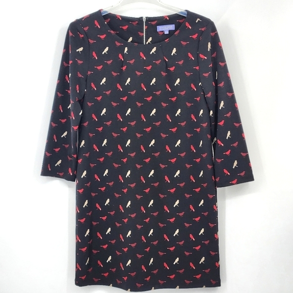Vivienne Tam Shift Dress Size 4 Black Bird Print 3/4 Sleeve A Line Office Work