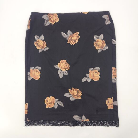 White House Black Market Lace Trim Skirt Size 8 Black Pink Floral Knee Length