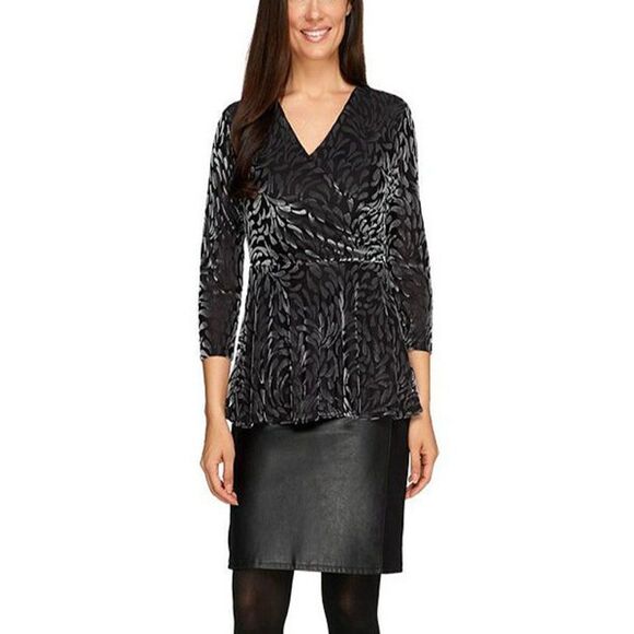 Women With Control Women’s Peplum Tunic Black Velvet Wrap Front Top Small