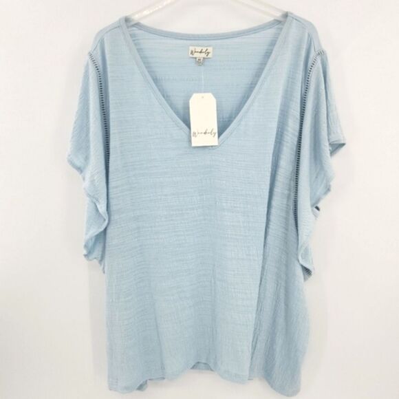 Wonderly Tee Womens Size 4X Blue Flutter Sleeves Textured Basic Casual Everyday
