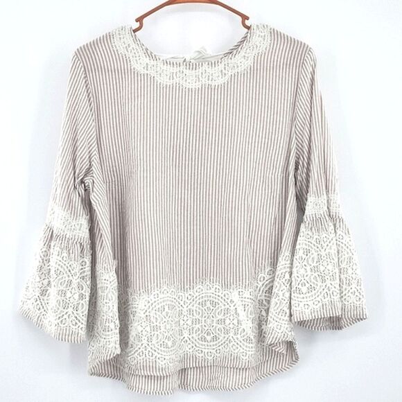Zac and Rachel Blouse Top Womens Size PXL Striped Lace Bell Sleeve Boho Modest