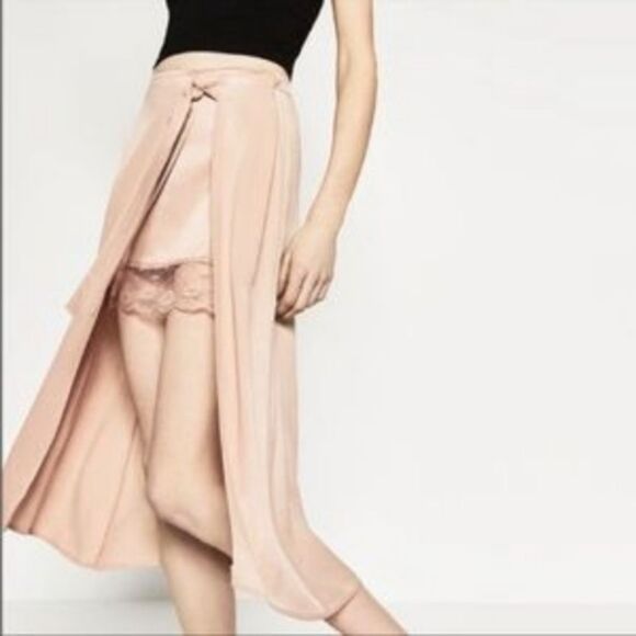 Zara Beige Double Layer Lace Trim Mock Wrap Bow Midi Skirt Womens Size Large