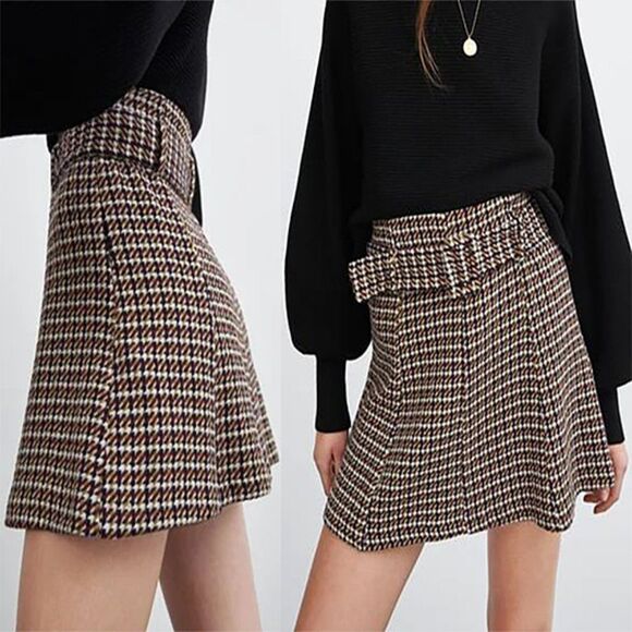 Zara Belted High Waist Tweed A-Line Mini Skirt Womens Size Medium Multicolor