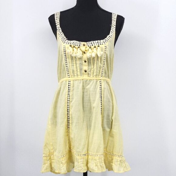 Zingara Swimwear Cover-up Dress Womens Size 2 Yellow Cotton Crochet Tassel Boho