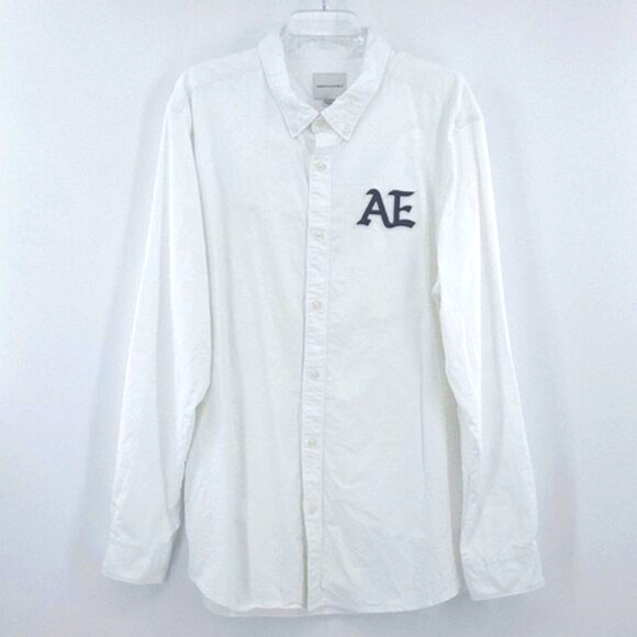 American Eagle Oxford Shirt Mens Size XXL White Button Up Embroidered Patch Work