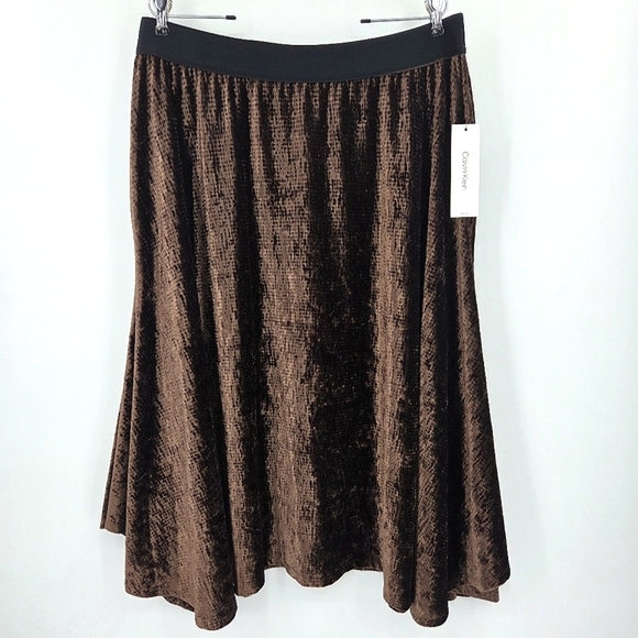 Calvin Klein Midi Skirt Womens Plus Size 2X Brown Velvet Asymmetrical Boho Fairy