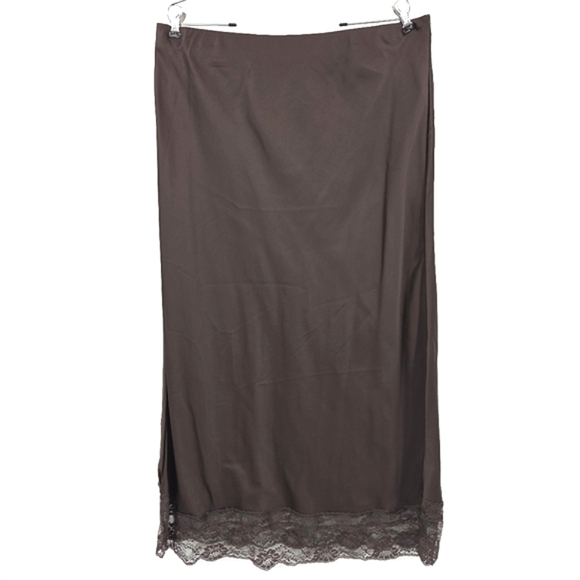Gianni Bini x Lilly Sisto Leah Midi Skirt Size XL Brown Satin Lace Trim Romantic