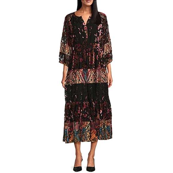John Mark Tiered Maxi Dress Small Black Burnout Velvet Whimsigoth Dark Fairy