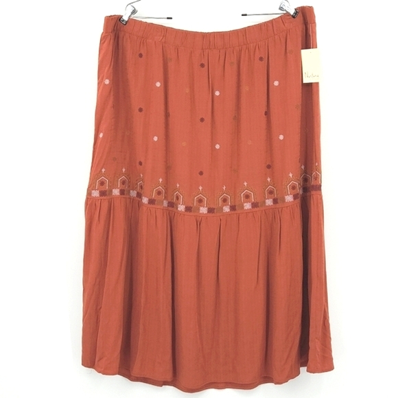 Nuture Tiered Maxi Skirt Womens Size 2X Orange Red Embroidered Boho Peasant