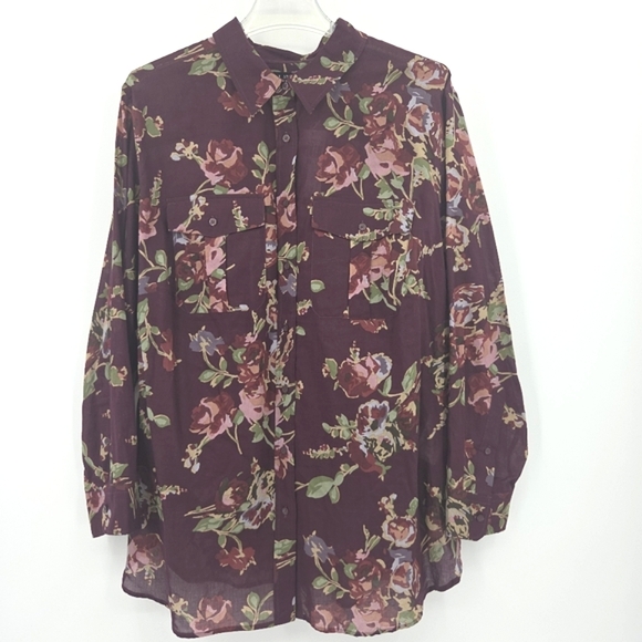 Ralph Lauren Button Up Down Shirt Womens Size 2X Dark Red Floral Romantic Norm