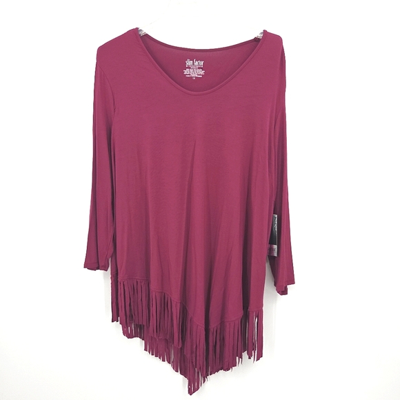 Slim Factor Lauren Blouse Top Womens Size 1X Red Asymmetrical Fringe Hem Boho