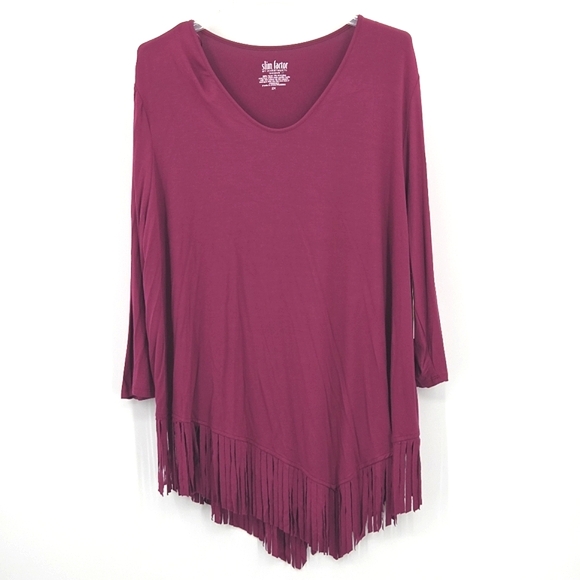 Slim Factor Lauren Blouse Top Womens Size 2X Red Asymmetrical Fringe Hem Boho