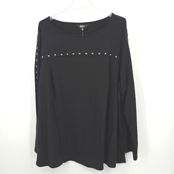 Slim Factor Stud Top Shirt Boat Neck Womens Size 2X Black 3/4 Sleeve Goth Witchy