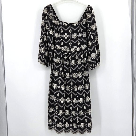 Sugarlips Midi Eyelet Dress Size 1X Black Balloon Sleeve Floral Ivory Embroidery